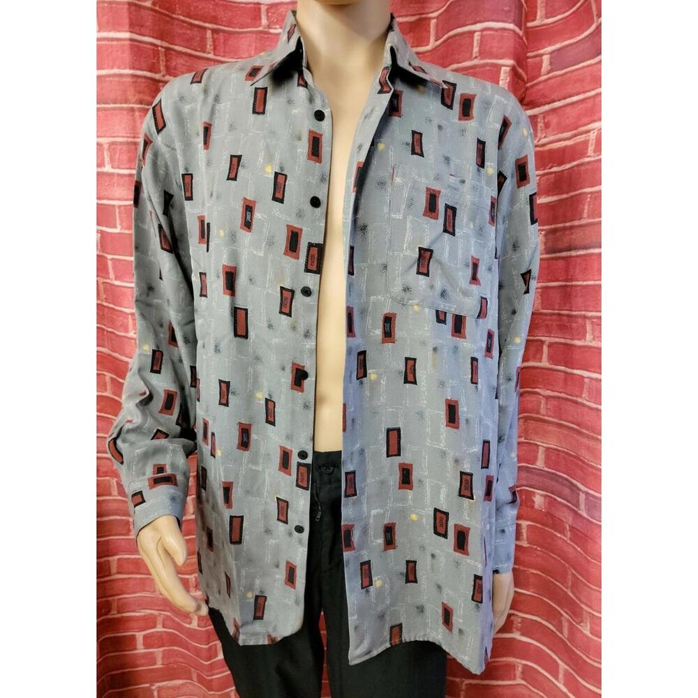 Joey Richi Vintage Button Up Shirt Size M Long Sleeve GEO Silk Wool Men’s #C